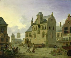 数字と農民が市場で取引している町の広場（パネル） 作： Johannes Huibert Prins