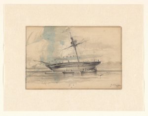 2 隻の手漕ぎボートを備えた帆船 作： Johannes Huygens (signed by artist)