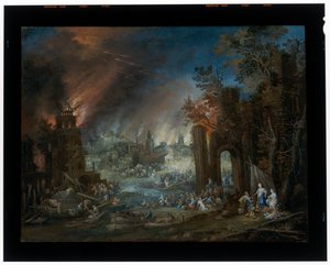 ロトと娘たち、燃えるソドムを背景にした風景 作： Johannes Jakob Hartmann