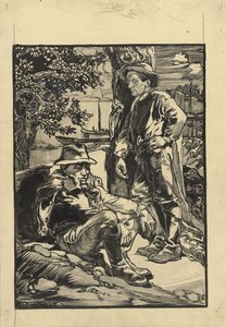 2 人の堤防作業員、1 人は座っており、もう 1 人は木にもたれかかっています。 作： Johannes Josephus Aarts