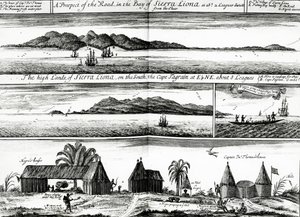 1732年に出版された、オーラシャムとジョンチャーチルの「航海と旅行のコレクション」のvol.5のイラストである、シエラリオナ湾の道路の展望 作： Johannes Kip