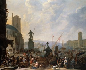ベルニーニのトリトンの噴水がある地中海の港のカプリッチョ、および1651年のパレデュルーブルのカプリッチョ 作： Johannes Lingelbach