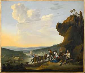 ドイツ語：Südliche Landschaft mit Fähre 湾を望む南部の風景、休憩する旅行者たち 作： ヨハネス・リンゲルバッハ