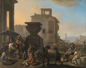 いんちき歯科医がいるイタリアのマーケットプレイス イタリアの町の市場、巡回歯磨き師 作： Johannes Lingelbach