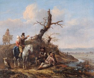 旅人が休んでいる風景と馬上のカップル」 17世紀 作： Johannes Lingelbach