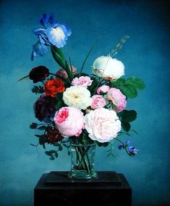 大理石の台座に置かれたガラスの花瓶の中の薔薇とアイリス（油彩・キャンバス
