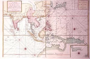 インド北西部から日本、フィリピンを経てオーストラリア北部までの海岸線図、1700年頃（彩色画） 作： Johannes and Mortier Cornelis Covens