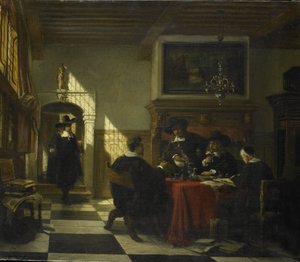 ノーチラス カップが置かれたテーブルで 17 世紀の衣装を着た会社 作： Johannes Stroebel