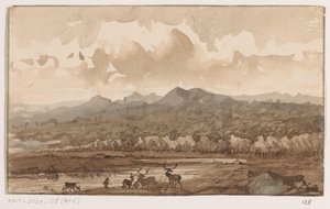鹿のいる山の風景 作： Johannes Tavenraat (signed by artist)