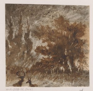 背の高い木の近くの鹿と鳥 作： Johannes Tavenraat (signed by artist)