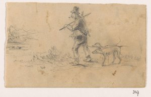 犬と背中にウサギを持つハンター 作： Johannes Tavenraat (signed by artist)