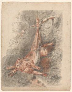 足でぶら下がっている死んだウサギ 作： Johannes Tavenraat