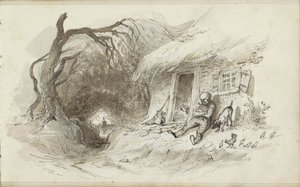 溝のそばにある茅葺き屋根の家の前に座っている男性 作： Johannes Tavenraat