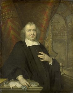 1672年以降のオランダ大年金受給者、ガスパル・ファゲルの肖像 バック グラウンドでハーグのビネンホフでオランダの州の会議ホールです。 作： Johannes Vollevens (I) (copy after)