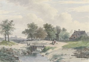 農場の前に橋と人影のある風景 作： Johannes Warnardus Bilders