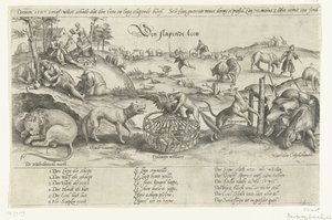 眠っているライオン、1567 スリーピング ライオン (オブジェクトのタイトル) 1576 年から 1579 年までのオランダの出来事に関する 4 つの寓話 (シリーズ タイトル) 作： ヴィレム・ファン・ヘクト（I）