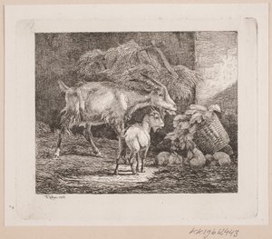 納屋のヤギ、子供、ウサギ 作： Johannes Wilhelm Zillen