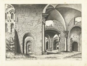 ディオクレティアヌス浴場の眺め ローマ時代の遺跡、1561年（シリーズタイトル） 作： Johannes of Lucas van Doetechum (attributed to)