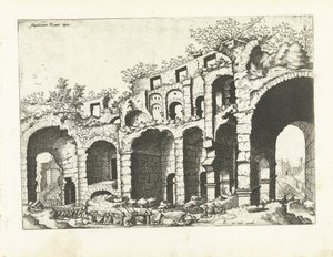 おそらくコロッセオの円形劇場の眺め ローマ時代の遺跡、1561年（シリーズタイトル） 作： Johannes of Lucas van Doetechum (attributed to)