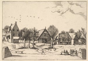 田舎の村、前景に射手たち 「Multifariarum casularum ruriumque linea...」より 1559-61年 作： Johannes van Doetecum I