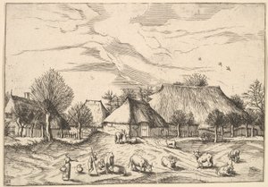 Multifariarum casularu...、1559-61年からの農場、前景に牧夫と乳搾り女のいる牛。 作： Johannes van Doetecum I