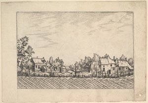 Praediorum villarum et rusticarum casu...より、手前の耕された畑、農場、1559-61年頃。 作： Johannes van Doetecum I