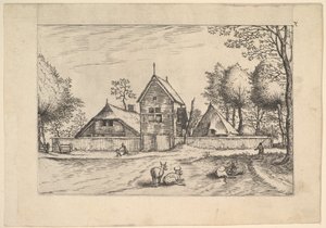 牧場、前景に牛と牧童、『Praediorum villarum et rusticar...』より、1559-61年頃。 作： Johannes van Doetecum I