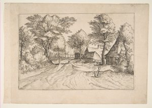シリーズ、The Small Landscapes Multifariaru...、1559-61 からの農場と小屋のある村の道。 作： Johannes van Doetecum I