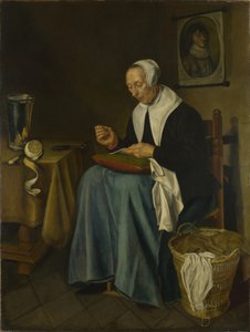 歳の女性が裁縫に着席、1655 作： Johannes van der Aeck