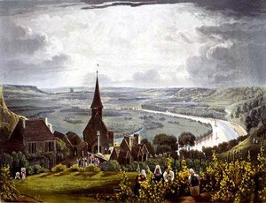 ロボワーズ（Daniel Havell（1785-1826）作、R. Ackermann 1821年発行の「セーヌ河畔の風景」より）（カラーリトグラフ）。 作： John (after) Gendall