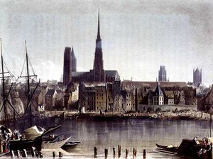 トーマス・サザーランド（b.1785）が彫った「セーヌ河畔の風景」からのルーアンの眺め、R.アッカーマン（1764-1834）が1821年に出版（カラーリトグラフ）。 作： John (after) Gendall
