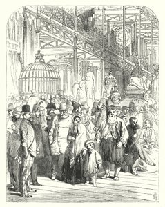 1851年に開催された万国博覧会の会場となったロンドンのハイドパークにあるクリスタル・パレスでの出展者と来場者の様子（エングレービング 作： John (after) Gilbert