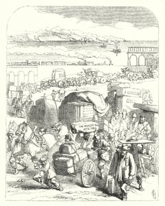 1851年に開催された万国博覧会（ロンドン、ハイドパーク、クリスタルパレス）に来場者を運ぶ船や列車（彫刻 作： John (after) Gilbert