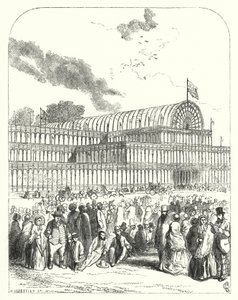 ジョセフ・パクストンとチャールズ・フォックスが設計した1851年の万国博覧会の会場となったロンドンのハイドパークにあるクリスタル・パレス（彫刻作品 作： John (after) Gilbert