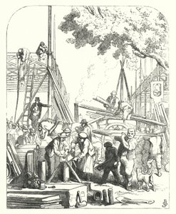 1851年に開催された万国博覧会の会場となったロンドンのハイドパークにあるクリスタル・パレスの建設現場の作業員たち（彫刻）。 作： John (after) Gilbert