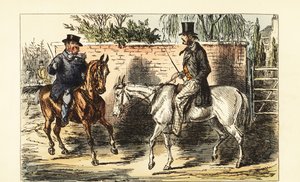 古いナグに乗った英国紳士が、ベイホースに乗った男性に拒絶された。 作： John (after) Leech