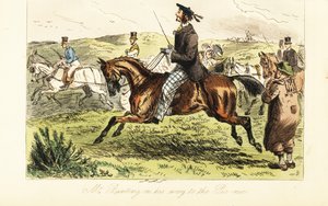 田舎でのピクニックに向かうために馬に乗っているタムオシャンター帽をかぶったヒゲの英国紳士 作： John (after) Leech