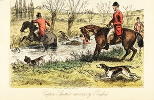 イギリスの猟師が狐の猟犬を連れて川を渡る様子 作： John (after) Leech