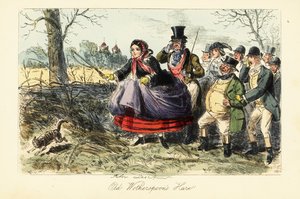 ウサギ狩りで猫を捕まえようとするクリノリン・スカートのイギリス人女性 作： John (after) Leech