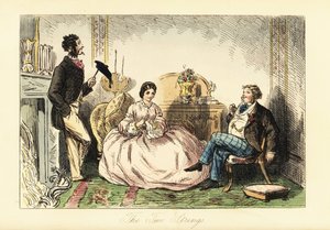 クリノリンドレスを着た女性と2人の紳士が応接室で呼び込みをしている様子 作： John (after) Leech