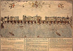 The View of London Bridge from East to West（ロンドン橋の東から西への眺め）」は、1624年に制作された版画の復刻版です。 作： John (after) Norden