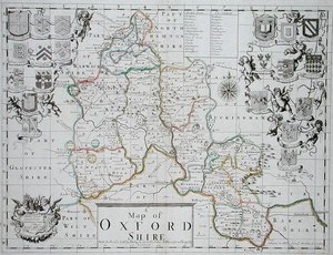 ジョン・オリバーとリチャード・パーマーが彫刻と手彩色を施したオックスフォードシャーの地図、フィリップ・リーが1690年頃に出版（カラー彫刻）。 作： John (after) Sellar