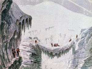 モンブラン登頂、クレバスから吊り下げられたクライマー、水彩画、フランス
