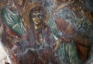 ギリシャ・クレタ島ドラコナのビザンチン様式のアイオス・ステファノス教会の聖人のフレスコ画（写真