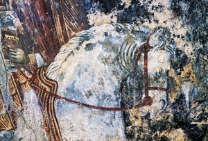 ギリシャ、クレタ島、ヴァヴオレドのアギオス・ヴァシレイオス教会の天井に描かれた馬のフレスコ画（写真）。 作： Walter Charles Mills