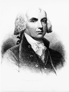 ジェームズ・マディソン（1751-1836）の肖像（建国の父、アメリカの政治家、1809年から1817年まで第4代アメリカ合衆国大統領、憲法制定者の一人）、エングレーヴィング 作： Walter Charles Mills