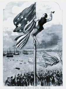 アメリカ国旗が掲揚され、ニューヨークを放棄するイギリス軍（11月25日 作： Walter Charles Mills