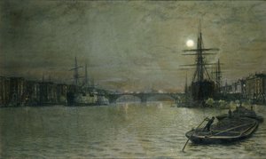 1884年の夜のプールとロンドンブリッジ 作： John Atkinson Grimshaw