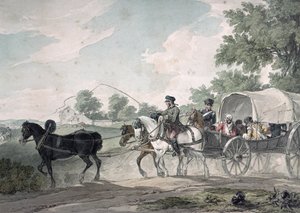 1815年のウォータールーの戦いの後に戦場から負傷者を運ぶベルギーのワゴン 作： John Augustus Atkinson