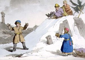 氷の丘を下る子供たち、「ロシア人の風俗習慣と娯楽」第2巻のプレート38、画家がエッチングしたもの、パブ。1804年（アクアチント）。 作： John Augustus Atkinson